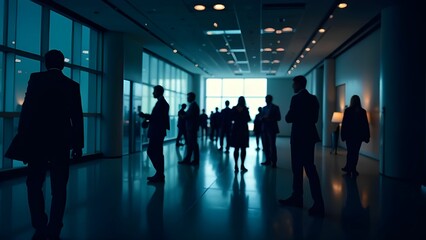 Business professionals networking during an event in a modern conference room in the evening