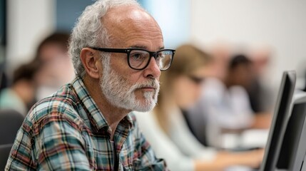 A focused older man with glasses works intently at a computer in a modern, collaborative environment filled with blurred colleagues.