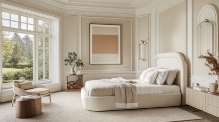 Fototapeta premium A spacious, light-filled bedroom with a modern bed and a cozy reading nook by the window.