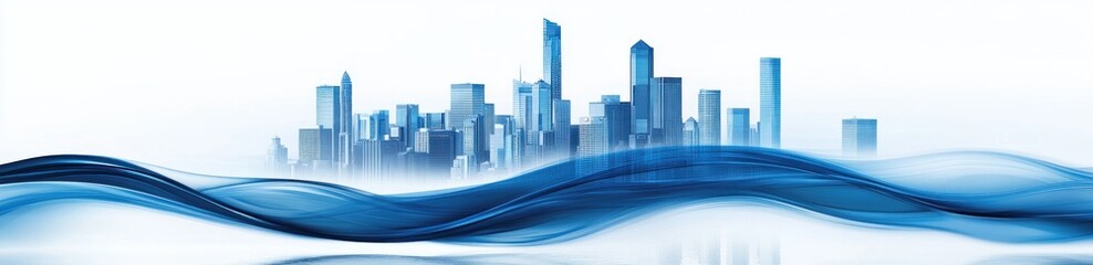 City skyline silhouette with blue abstract waves across the foreground