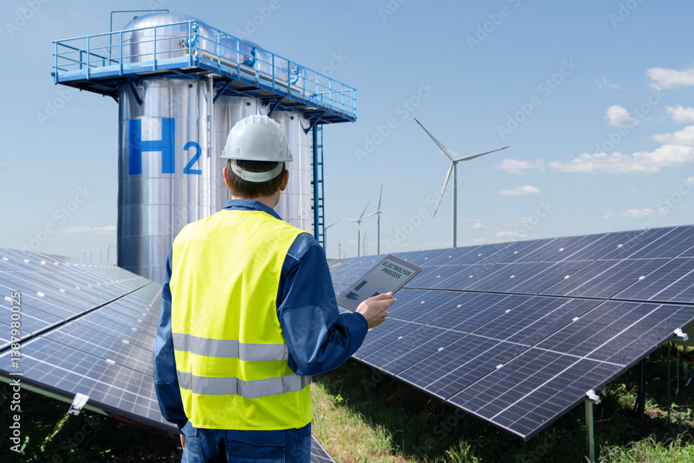 Poster engineer with tablet computer on a background of hydrogen factory.