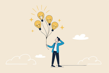 Innovation idea, creativity, solution or smart thinking, inspiration, imagination or wisdom to develop business plan, advice or invention concept, smart businessman holding lightbulb idea balloons.