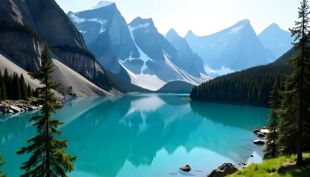 A serene landscape of a crystal-clear turquoise lake nestled amidst towering, jagged mountains