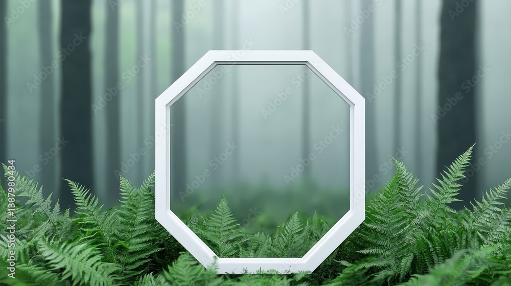 Poster a minimalist octagonal frame surrounded by lush ferns in a misty forest, creating a serene and tranq