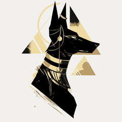 Stylized black and gold graphic illustration of Anubis, the ancient Egyptian jackal-headed god, on a white background. Minimalist mythological artwork with symbolic cultural and spiritual meaning.