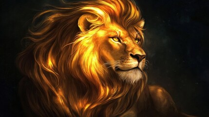 Naklejka premium León con melena dorada fondo oscuro