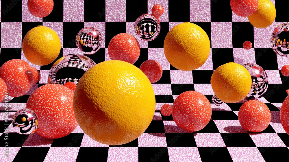 Poster dynamic floating spheres create a vivid kinetic illusion against a high-contrast checkerboard backgr