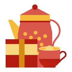 A white ceramic teapot and cups, including a single cup, offer a hot tea beverage isolated for breakfast