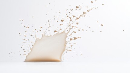 A creamy beige liquid splashes against a stark white background, forming a dynamic crown shape. Smaller droplets radiate outwards. The image boasts high resolution and even lighting. Its minimalist s