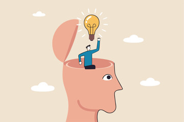 Eureka moment discover new idea or solution to solve problem, business insight, inspiration or creativity innovation, Aha moment concept, man with eureka moment discover lightbulb idea in his head.