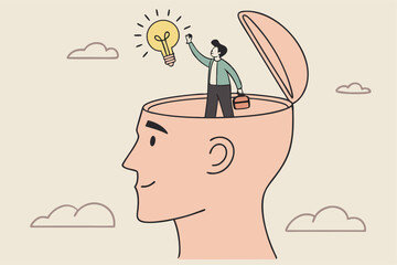 Eureka moment discover new idea or solution to solve problem, business insight, inspiration or creativity innovation, Aha moment concept, man with eureka moment discover lightbulb idea in his head.