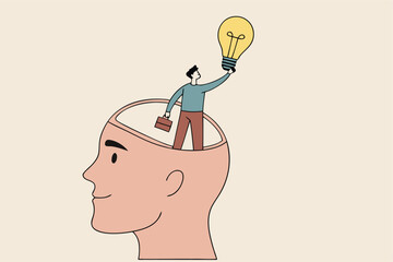 Eureka moment discover new idea or solution to solve problem, business insight, inspiration or creativity innovation, Aha moment concept, man with eureka moment discover lightbulb idea in his head.