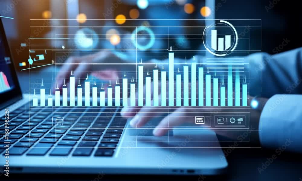 Poster data analyst's insight: a close-up shot of a data analyst's hands working on a laptop, with futurist