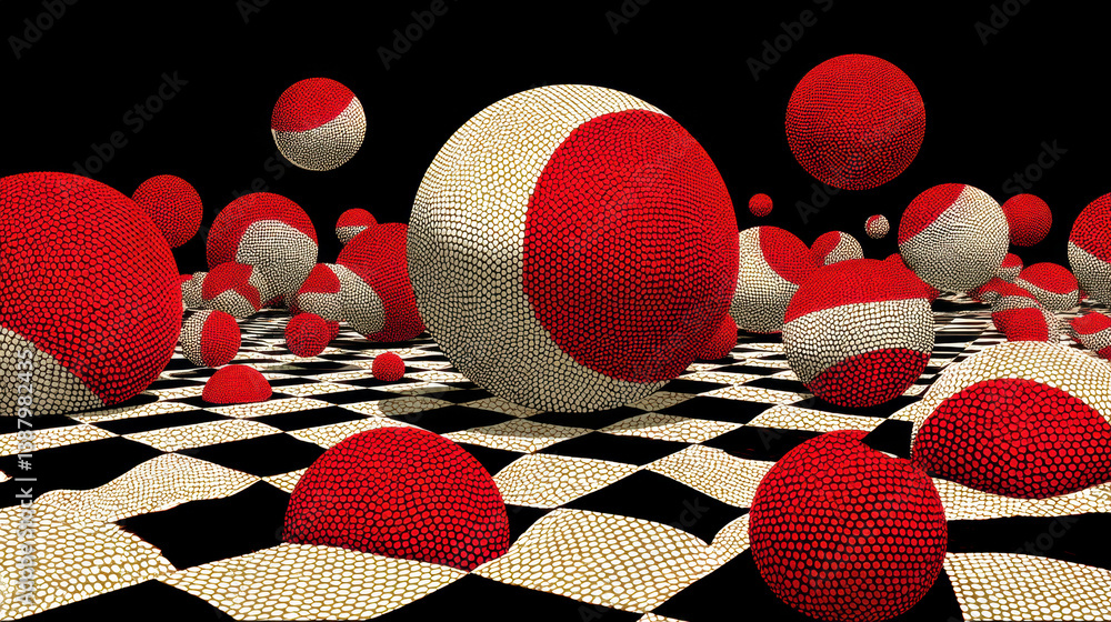 Poster kinetic illusion art showcases floating spheres on a vibrant checkerboard background creating a mesm