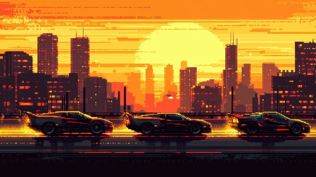 Imagen de coches deportivos al atardecer en una ciudad pixelada