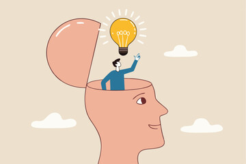 Eureka moment discover new idea or solution to solve problem, business insight, inspiration or creativity innovation, Aha moment concept, man with eureka moment discover lightbulb idea in his head.