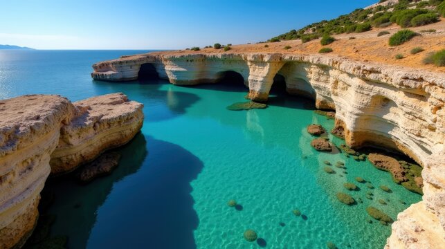 Wide-angle photo of Papingo Rock Pools, Greece, at midday, under hot and sunny summer weather.