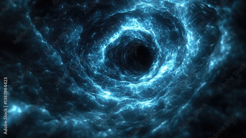 Poster a deep-space wormhole with a glowing event horizon, distorting light and time.