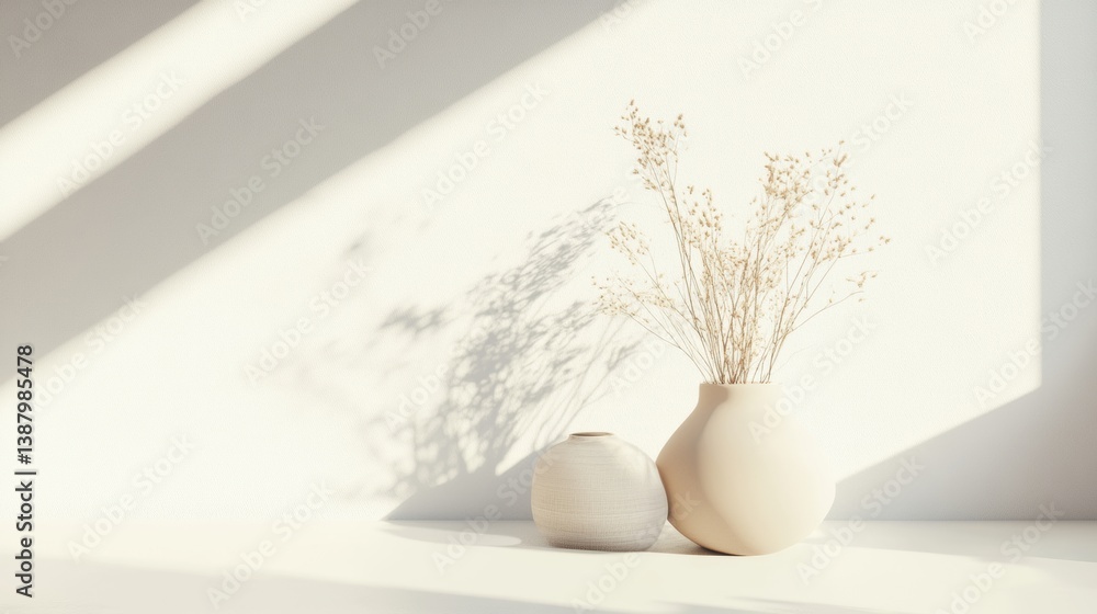 Poster Sophisticated abstract design featuring soft 3D shadows on white surface with minimalist elegance and natural decor elements