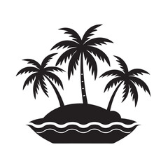 Tropical island silhouette with palm trees and sunset ocean view