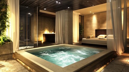 A high-end spa suite with an indoor whirlpool, white linen curtains, and warm lighting.