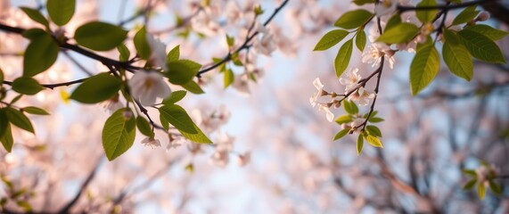 Delicate white blossoms and green leaves against a soft sky create a serene and natural spring scene.