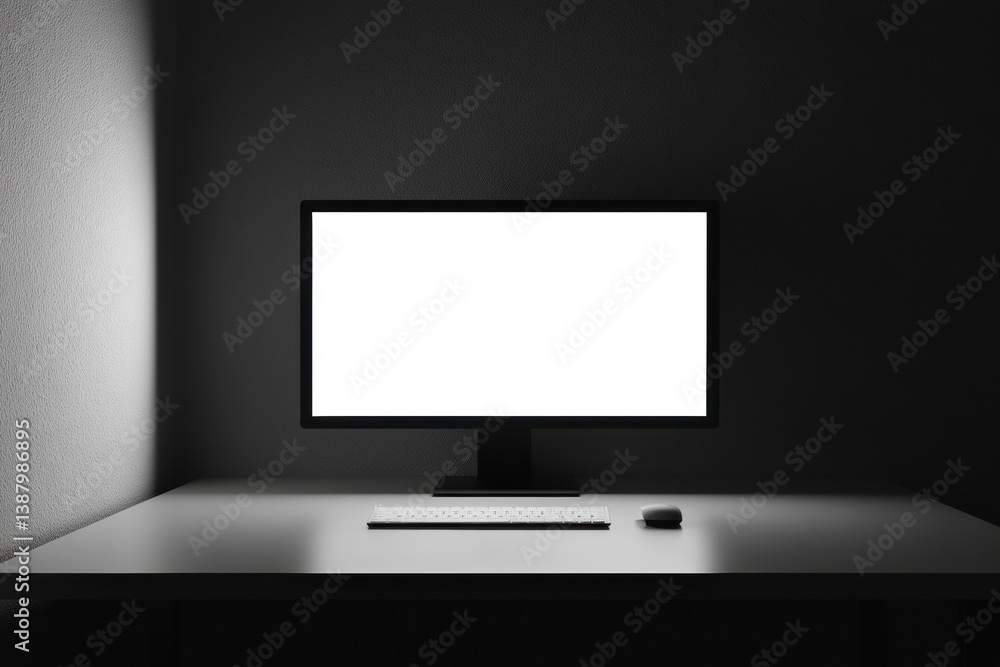 Poster sleek desktop monitor in minimalistic workspace with bright white screen and soft shadows creating a