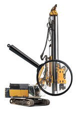 A magnifying glass magnifies a section of a drilling rig, showing the intricate details of rental machinery in an isolated setting.