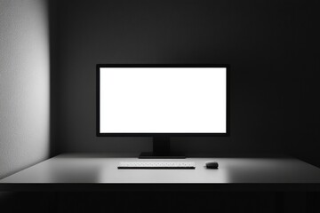 Sleek desktop monitor in minimalistic workspace with bright white screen and soft shadows creating a clean professional style