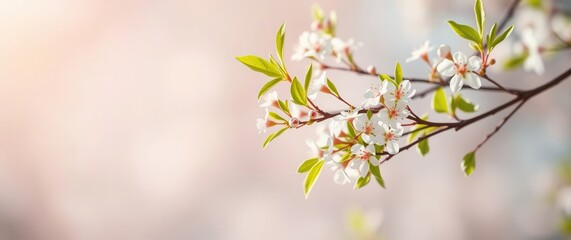 Fototapeta premium Delicate blossom branch with white flowers and vibrant green leaves against a soft, blurred background