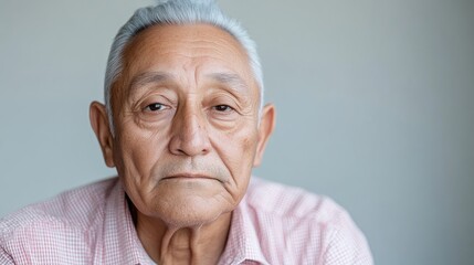 Obraz premium Elderly man with a serious expression. Close-up portrait of a mature individual, displaying a neutral and somewhat somber facial expression. The man's complexion reflects the effects of aging. 