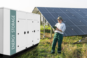 Farmer with digital tablet next to solar panels and energy storage. Farm using renewable energy