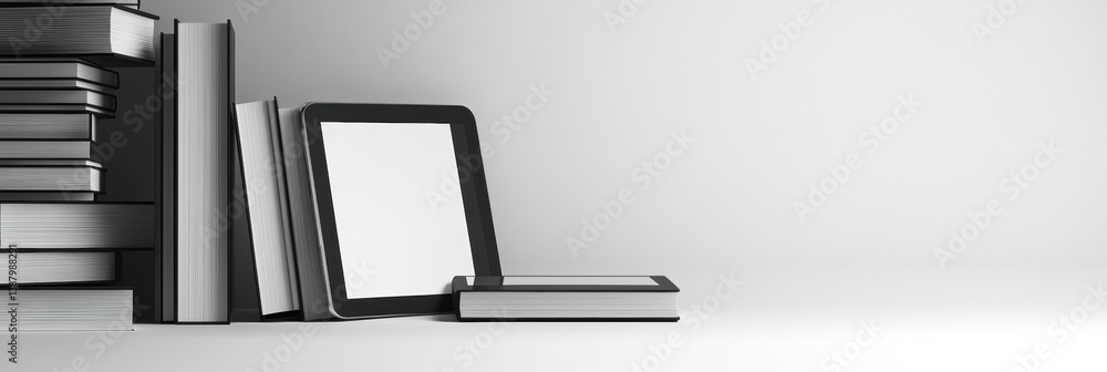 Aufkleber stylish monochrome educational background featuring books and digital tablet on a soft gradient back