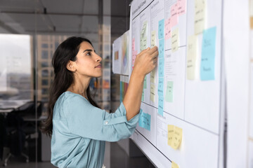 Focused young business project leader woman planning task at scrum board, sticking paper notes,...