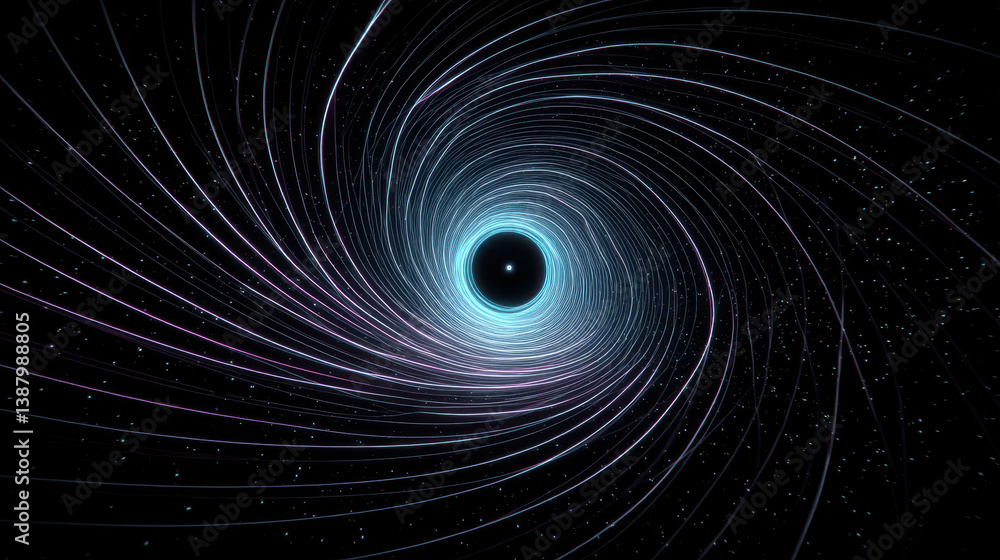 Poster spinning vortex with neon lines creates an infinite spiral motion illusion in a retro-futuristic abs