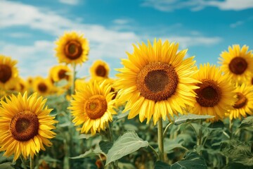 Obraz premium A field of sunflowers under a clear blue sky, happiness