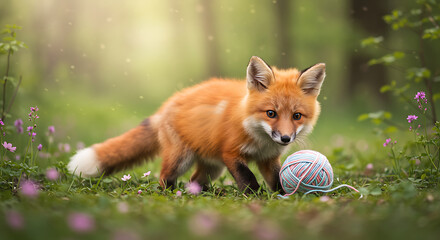 Naklejka premium Playful Fox in Enchanted Glade: A curious fox, its vibrant orange coat gleaming, interacts with a ball of yarn in a sun-dappled glade, evoking a sense of wonder and innocent exploration. 