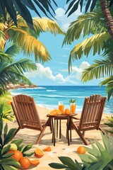 Fototapeta premium Coastal beach scene featuring orange juice and wooden chairs