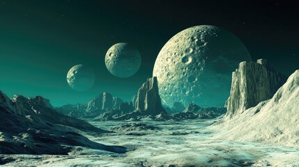 A sci-fi inspired cosmic landscape featuring multiple moons orbiting a mysterious planet.
