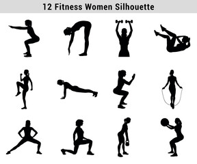 Fitness Woman Silhouette Set Various Exercises Cardio And Strength Training Vector Illustration For Workout Guidance And Fitness Content Creation