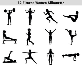 Fitness Women Silhouette Collection Exercising With Weights Running Yoga And Resistance Bands For A Healthy Lifestyle