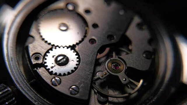Close up of inner mechanism of a vintage watch with changing lighting
