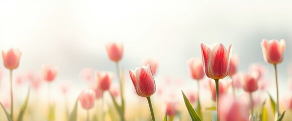Field of Red and White Tulips in Soft Focus: Captivating floral display in a pastel, airy setting.
