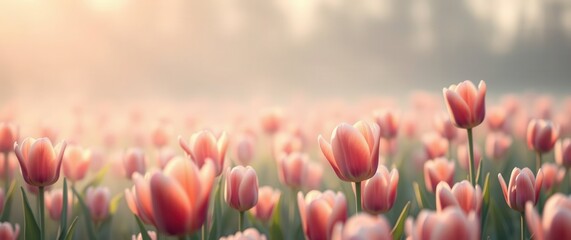 Obraz premium Field of pink tulips blooming in soft sunlight, creating a tranquil and beautiful springtime scene.