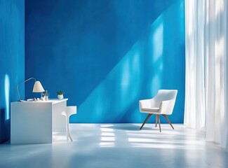 A minimalistic modern interior scene filled with light and blue