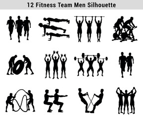 Fitness Team Men Silhouettes Exercising Running Lifting Weights And Doing Crossfit In Group Training Strong Muscular Men Vector Illustration