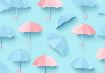 Obraz premium Flat pink and blue umbrellas pattern on a light teal background