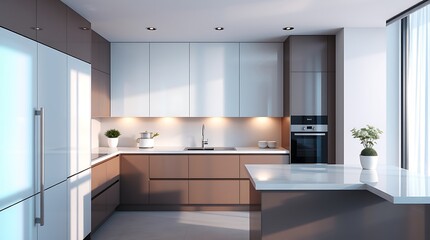 Interior design kitchen house furniture and modern placement, kitchen panel in interior, island and counter interior home. Template showcase scene for advertising product