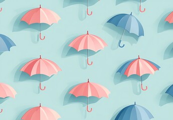 Flat pink and blue umbrellas  pattern on a light teal background