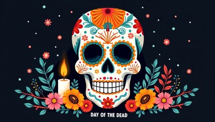 Dia de los muertos. Day of The Dead vector poster with smiling sugar festive skull, surrounded by colorful flowers, isolated on dark background